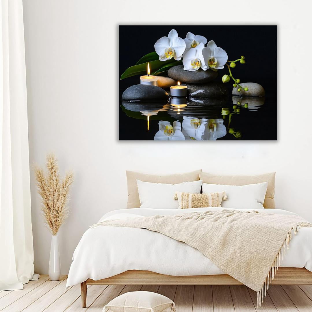Mudket Framed Canvas Wall Art, White Orchid Candles Zen Stones Wall Decor, Elegant Calming Spa Floral Waterproof Art Prints for Bathroom Bedroom Living Room Home Decor - 18"L x 12"W