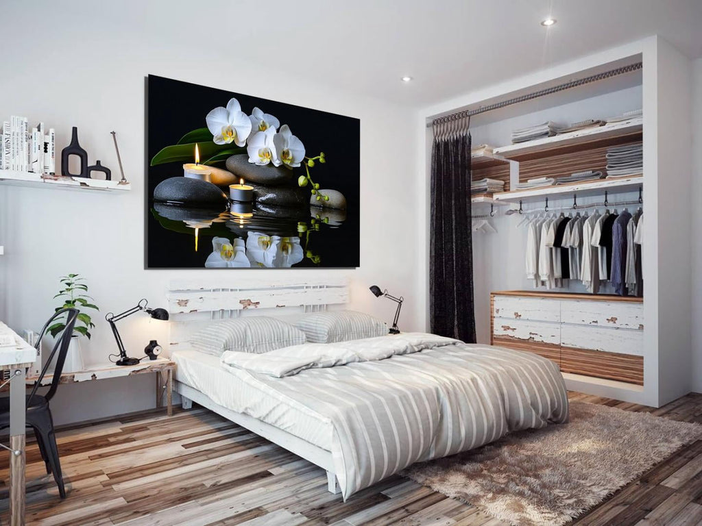 Mudket Framed Canvas Wall Art, White Orchid Candles Zen Stones Wall Decor, Elegant Calming Spa Floral Waterproof Art Prints for Bathroom Bedroom Living Room Home Decor - 18"L x 12"W