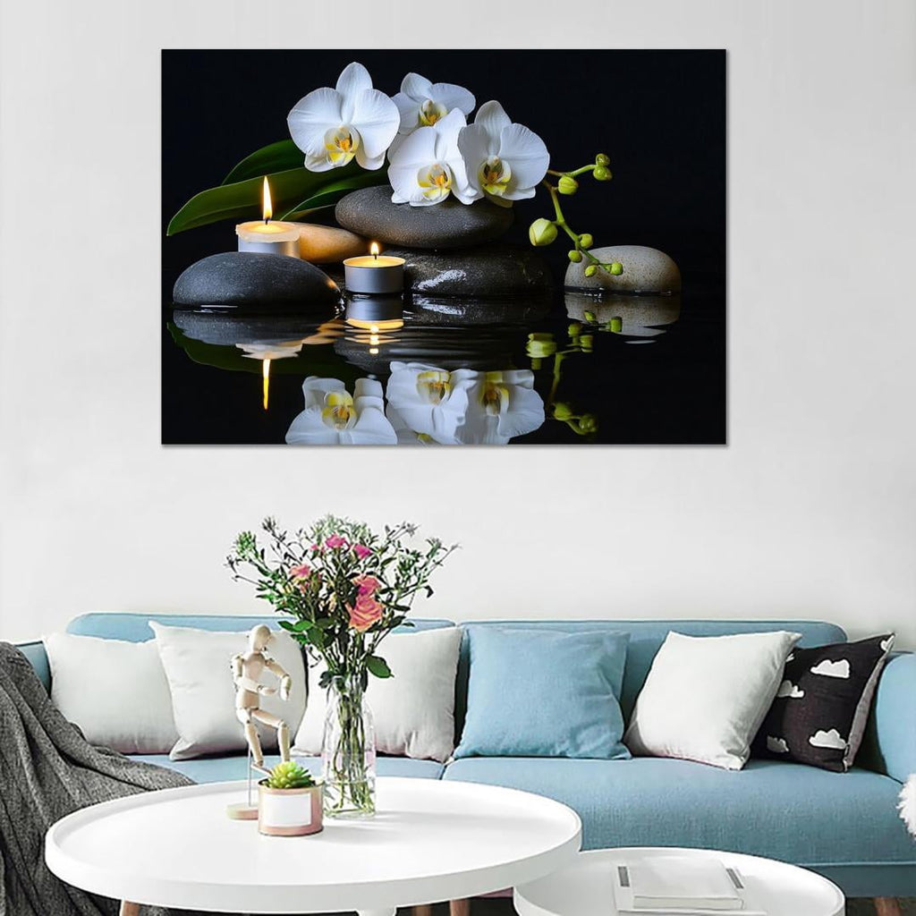 Mudket Framed Canvas Wall Art, White Orchid Candles Zen Stones Wall Decor, Elegant Calming Spa Floral Waterproof Art Prints for Bathroom Bedroom Living Room Home Decor - 18"L x 12"W
