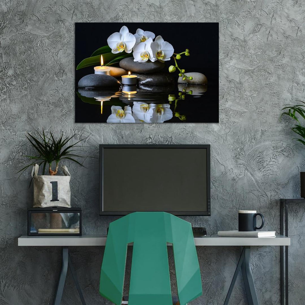Mudket Framed Canvas Wall Art, White Orchid Candles Zen Stones Wall Decor, Elegant Calming Spa Floral Waterproof Art Prints for Bathroom Bedroom Living Room Home Decor - 18"L x 12"W