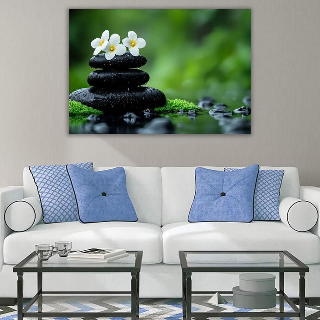 Mudket Framed Canvas Wall Art, White Orchid Candles Zen Stones Wall Decor, Elegant Calming Spa Floral Waterproof Art Prints for Bathroom Bedroom Living Room Home Decor - 18"L x 12"W