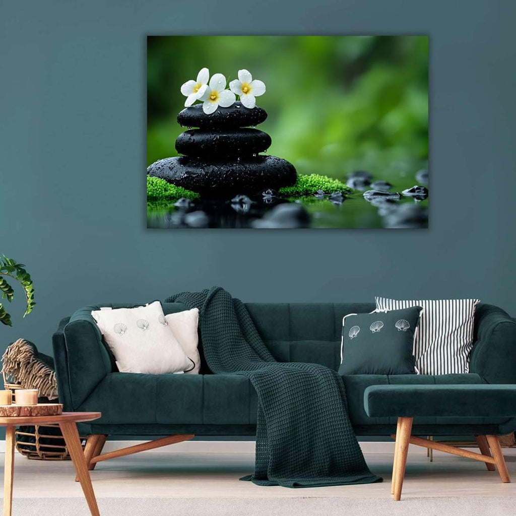 Mudket Framed Canvas Wall Art, White Orchid Candles Zen Stones Wall Decor, Elegant Calming Spa Floral Waterproof Art Prints for Bathroom Bedroom Living Room Home Decor - 18"L x 12"W