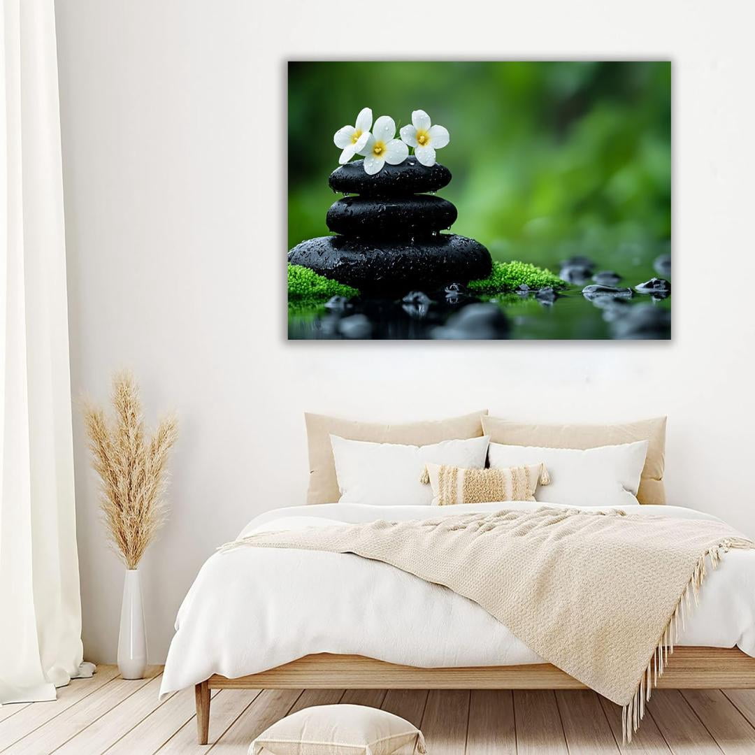 Mudket Framed Canvas Wall Art, White Orchid Candles Zen Stones Wall Decor, Elegant Calming Spa Floral Waterproof Art Prints for Bathroom Bedroom Living Room Home Decor - 18"L x 12"W