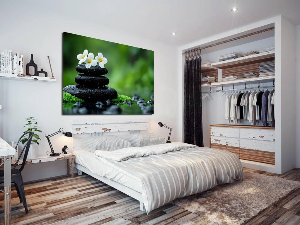 Mudket Framed Canvas Wall Art, White Orchid Candles Zen Stones Wall Decor, Elegant Calming Spa Floral Waterproof Art Prints for Bathroom Bedroom Living Room Home Decor - 18"L x 12"W