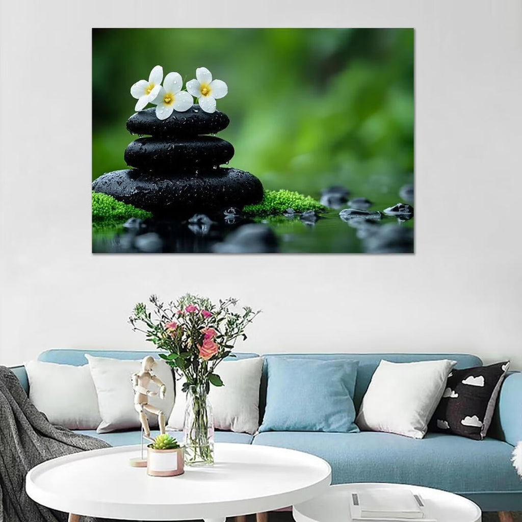 Mudket Framed Canvas Wall Art, White Orchid Candles Zen Stones Wall Decor, Elegant Calming Spa Floral Waterproof Art Prints for Bathroom Bedroom Living Room Home Decor - 18"L x 12"W
