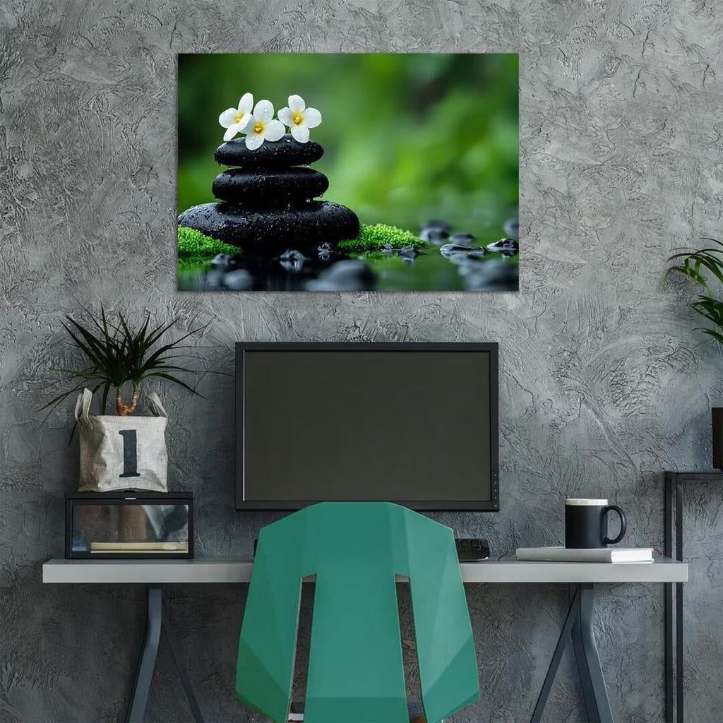 Mudket Framed Canvas Wall Art, White Orchid Candles Zen Stones Wall Decor, Elegant Calming Spa Floral Waterproof Art Prints for Bathroom Bedroom Living Room Home Decor - 18"L x 12"W