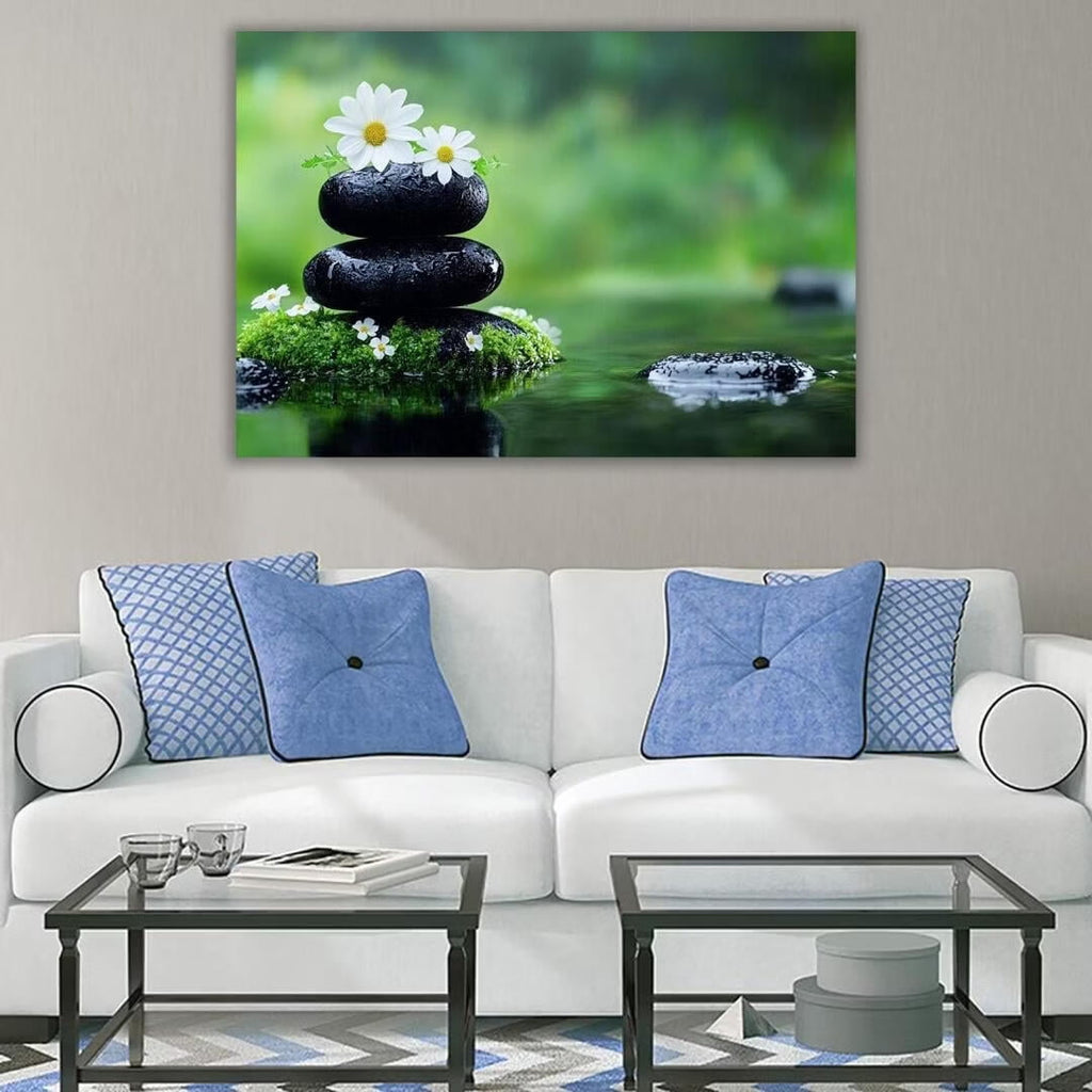 Mudket Framed Canvas Wall Art, White Orchid Candles Zen Stones Wall Decor, Elegant Calming Spa Floral Waterproof Art Prints for Bathroom Bedroom Living Room Home Decor - 18"L x 12"W