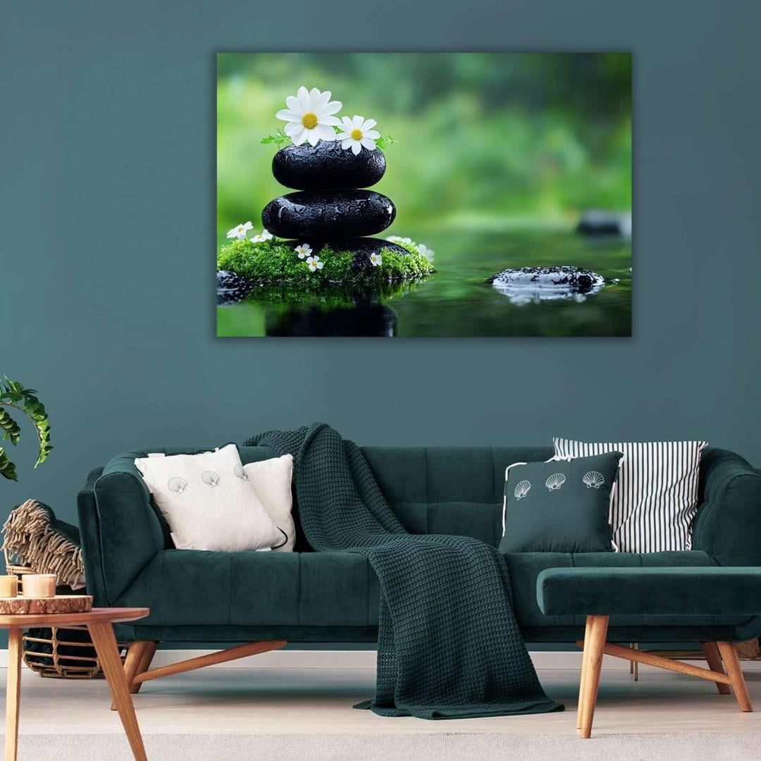 Mudket Framed Canvas Wall Art, White Orchid Candles Zen Stones Wall Decor, Elegant Calming Spa Floral Waterproof Art Prints for Bathroom Bedroom Living Room Home Decor - 18"L x 12"W