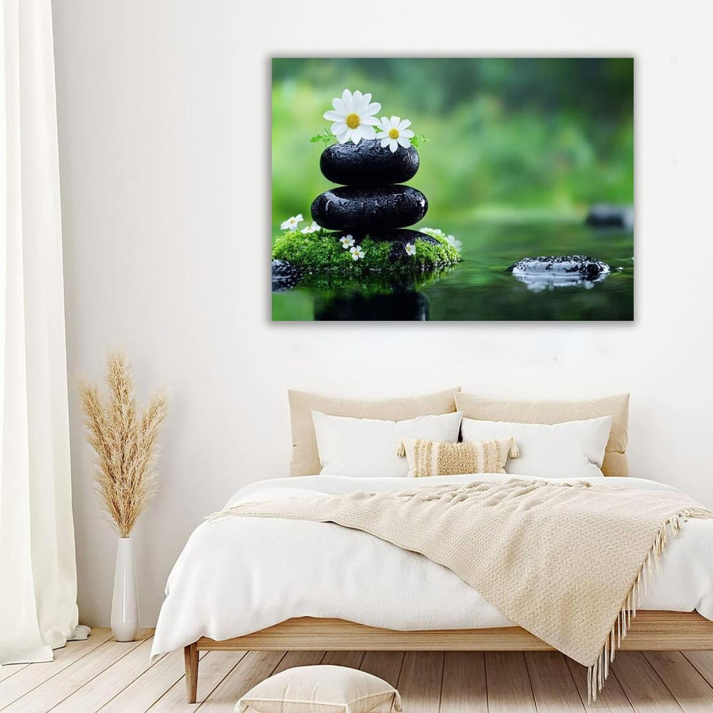 Mudket Framed Canvas Wall Art, White Orchid Candles Zen Stones Wall Decor, Elegant Calming Spa Floral Waterproof Art Prints for Bathroom Bedroom Living Room Home Decor - 18"L x 12"W
