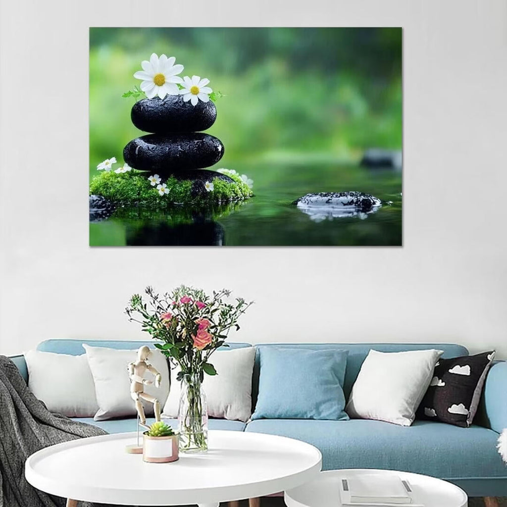 Mudket Framed Canvas Wall Art, White Orchid Candles Zen Stones Wall Decor, Elegant Calming Spa Floral Waterproof Art Prints for Bathroom Bedroom Living Room Home Decor - 18"L x 12"W