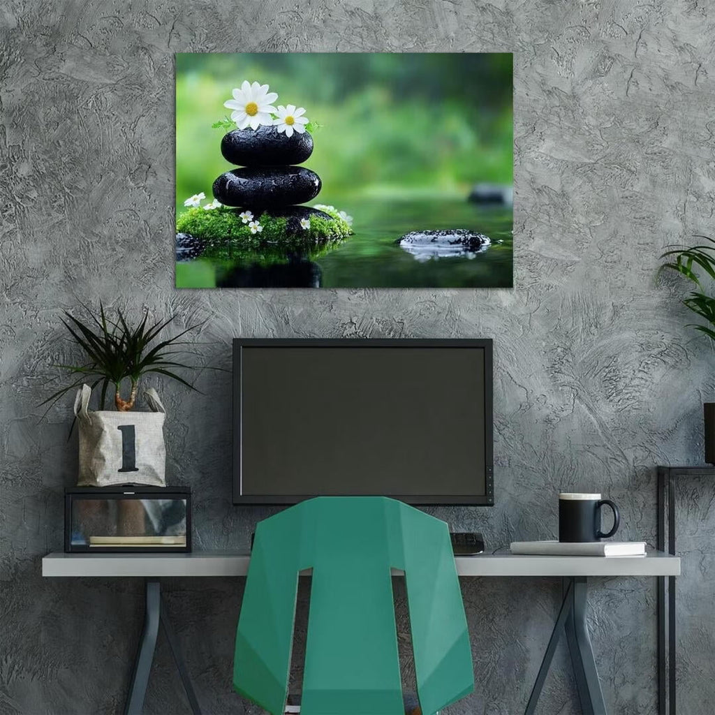 Mudket Framed Canvas Wall Art, White Orchid Candles Zen Stones Wall Decor, Elegant Calming Spa Floral Waterproof Art Prints for Bathroom Bedroom Living Room Home Decor - 18"L x 12"W