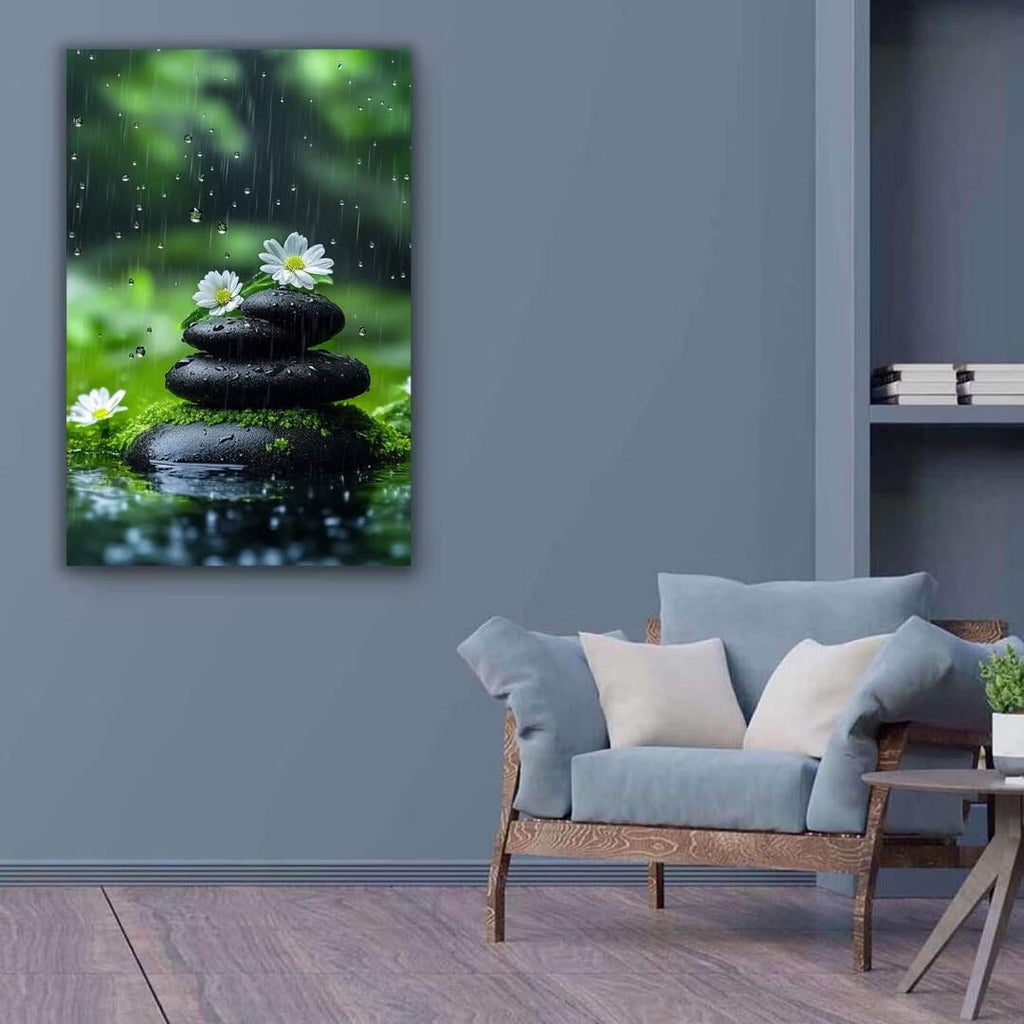 Mudket Framed Canvas Wall Art, White Orchid Candles Zen Stones Wall Decor, Elegant Calming Spa Floral Waterproof Art Prints for Bathroom Bedroom Living Room Home Decor - 18"L x 12"W