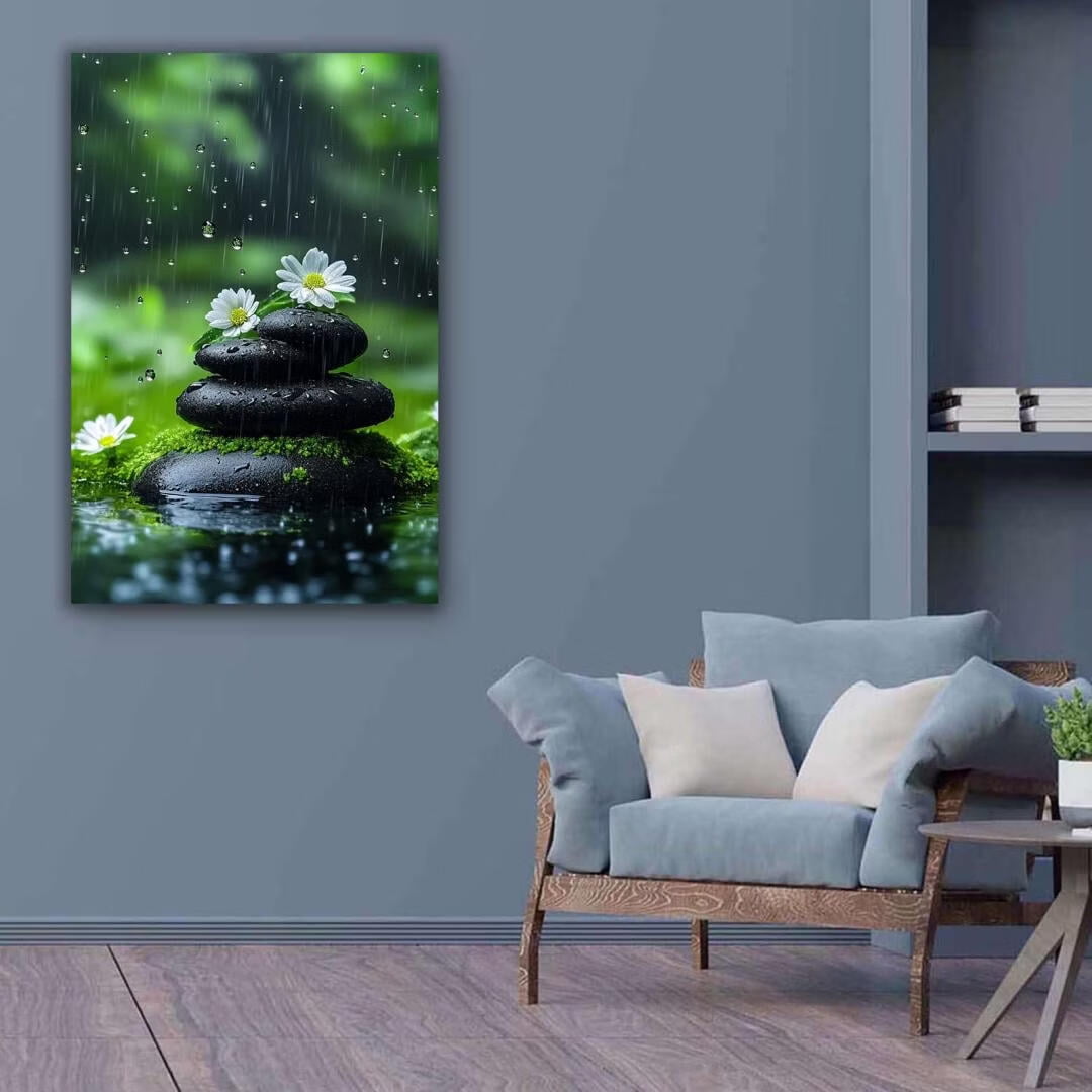 Mudket Framed Canvas Wall Art, White Orchid Candles Zen Stones Wall Decor, Elegant Calming Spa Floral Waterproof Art Prints for Bathroom Bedroom Living Room Home Decor - 18"L x 12"W