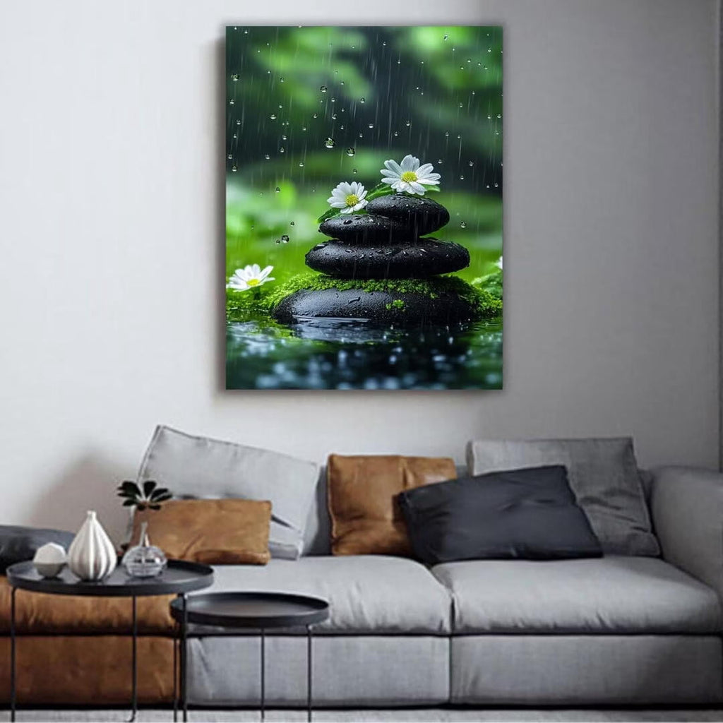 Mudket Framed Canvas Wall Art, White Orchid Candles Zen Stones Wall Decor, Elegant Calming Spa Floral Waterproof Art Prints for Bathroom Bedroom Living Room Home Decor - 18"L x 12"W
