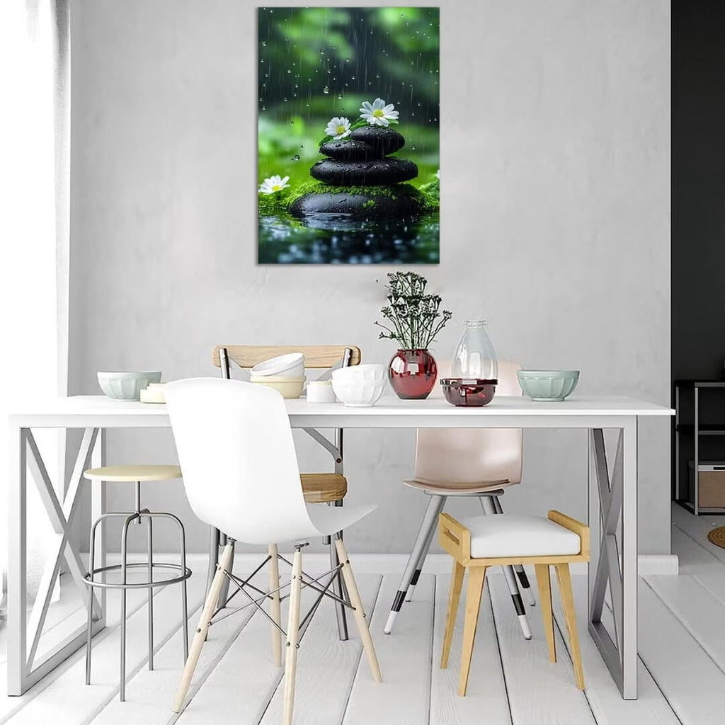 Mudket Framed Canvas Wall Art, White Orchid Candles Zen Stones Wall Decor, Elegant Calming Spa Floral Waterproof Art Prints for Bathroom Bedroom Living Room Home Decor - 18"L x 12"W