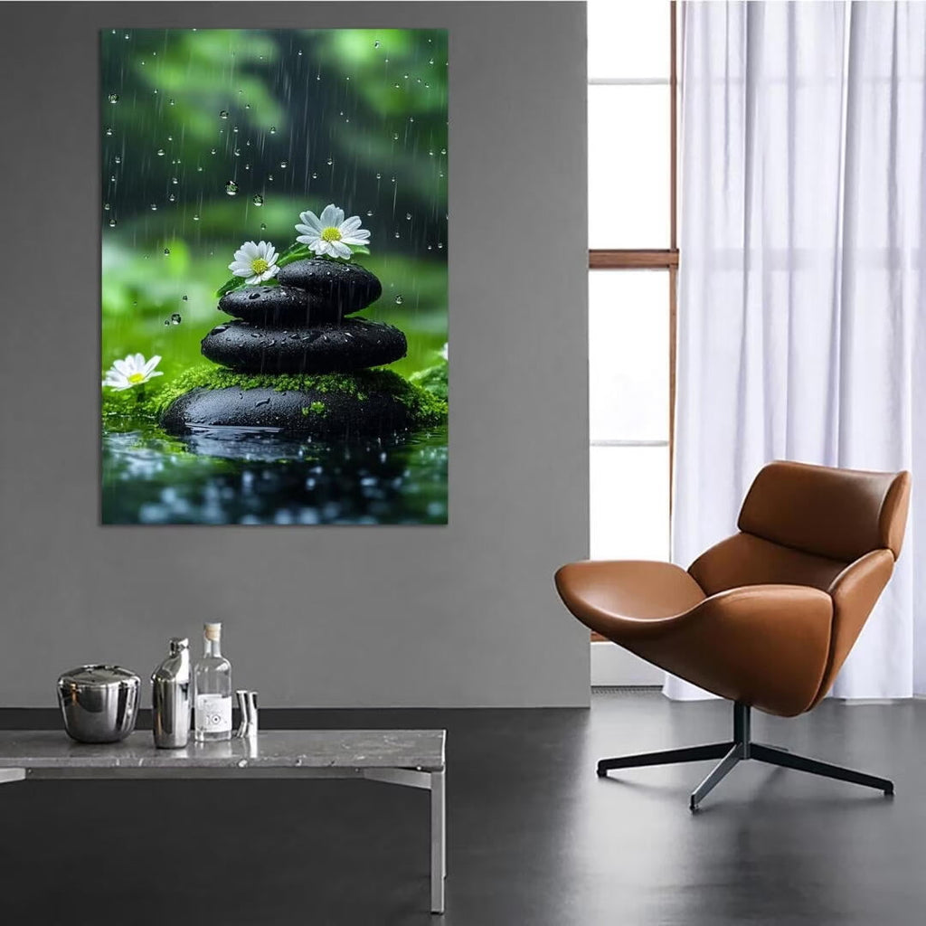 Mudket Framed Canvas Wall Art, White Orchid Candles Zen Stones Wall Decor, Elegant Calming Spa Floral Waterproof Art Prints for Bathroom Bedroom Living Room Home Decor - 18"L x 12"W