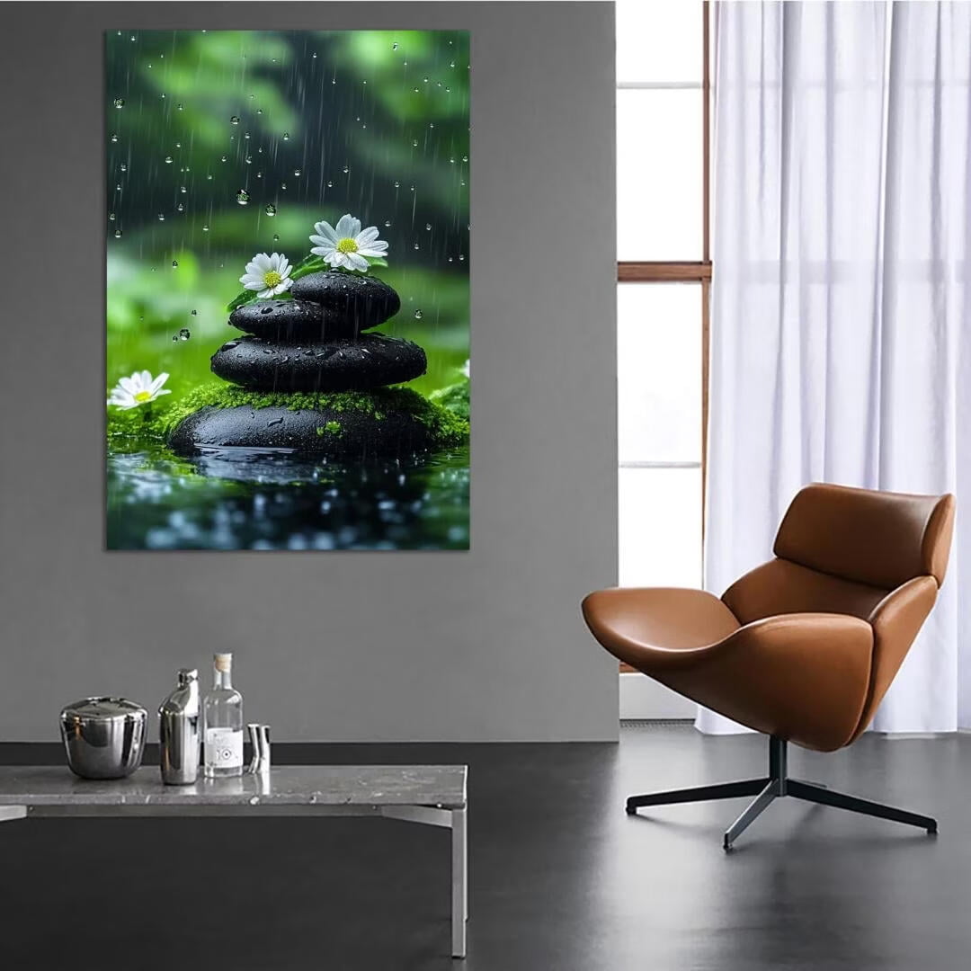 Mudket Framed Canvas Wall Art, White Orchid Candles Zen Stones Wall Decor, Elegant Calming Spa Floral Waterproof Art Prints for Bathroom Bedroom Living Room Home Decor - 18"L x 12"W