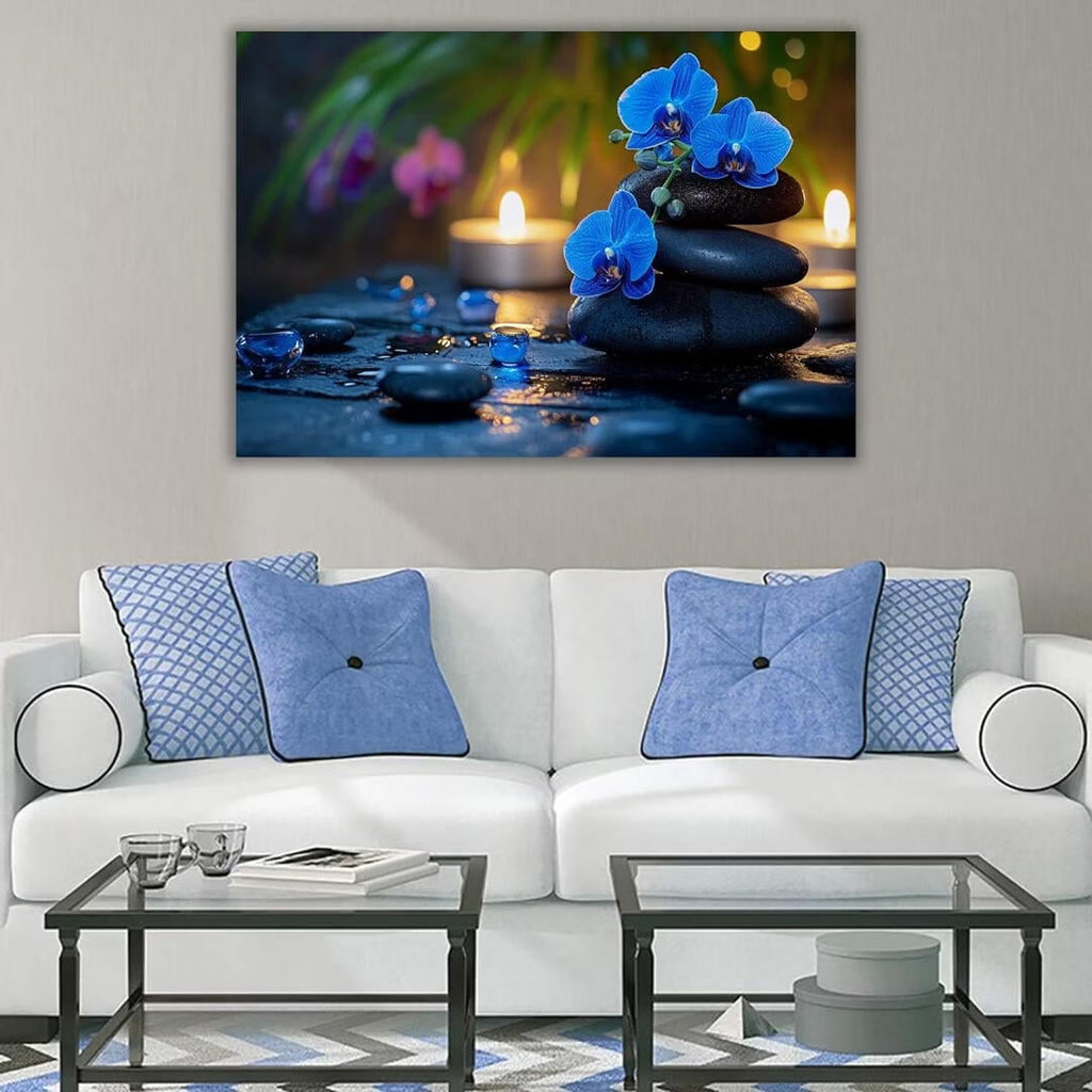 Mudket Framed Canvas Wall Art, White Orchid Candles Zen Stones Wall Decor, Elegant Calming Spa Floral Waterproof Art Prints for Bathroom Bedroom Living Room Home Decor - 18"L x 12"W