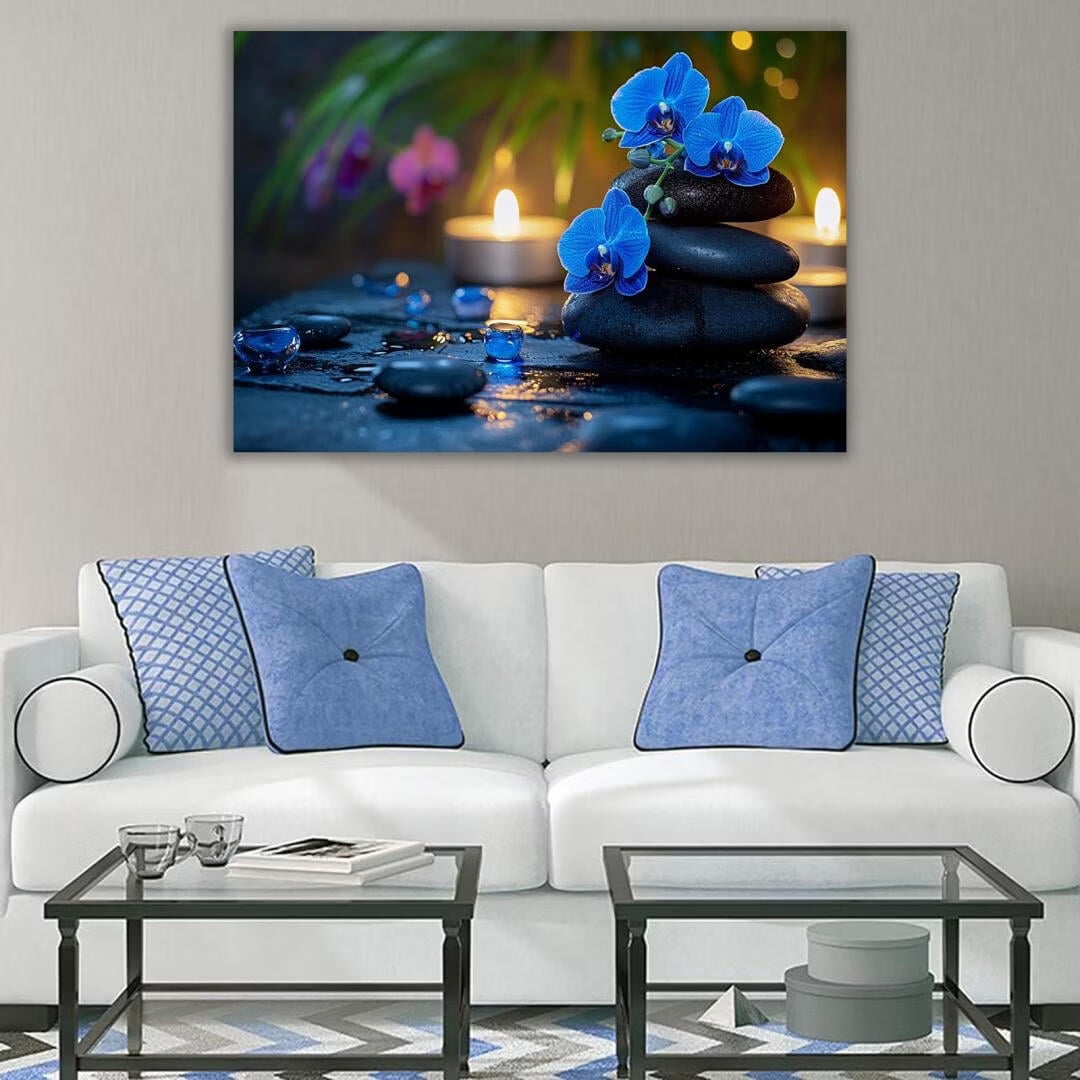 Mudket Framed Canvas Wall Art, White Orchid Candles Zen Stones Wall Decor, Elegant Calming Spa Floral Waterproof Art Prints for Bathroom Bedroom Living Room Home Decor - 18"L x 12"W
