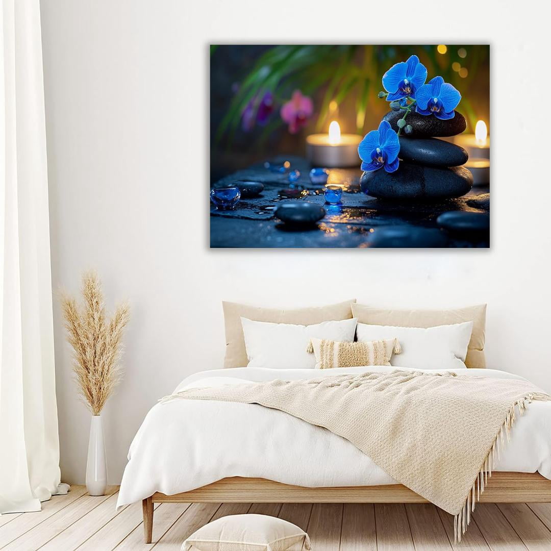 Mudket Framed Canvas Wall Art, White Orchid Candles Zen Stones Wall Decor, Elegant Calming Spa Floral Waterproof Art Prints for Bathroom Bedroom Living Room Home Decor - 18"L x 12"W