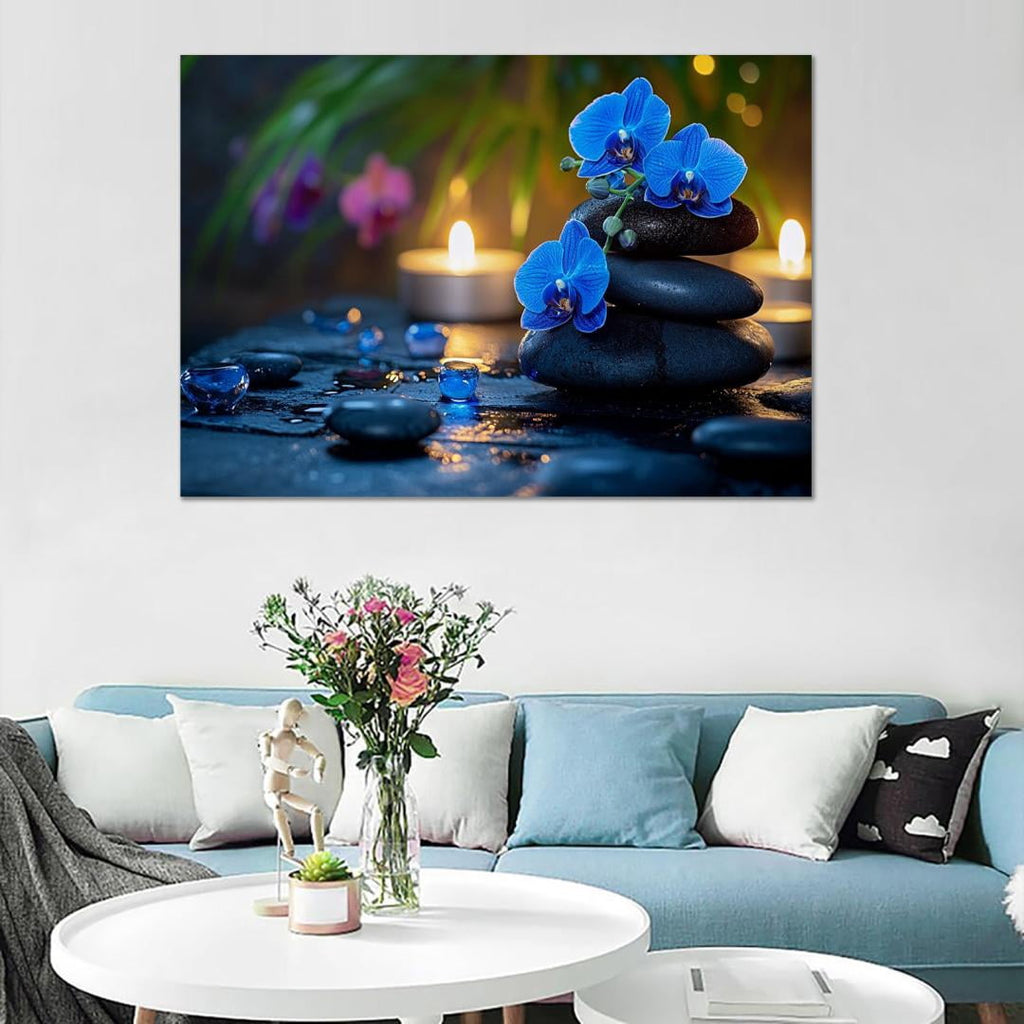 Mudket Framed Canvas Wall Art, White Orchid Candles Zen Stones Wall Decor, Elegant Calming Spa Floral Waterproof Art Prints for Bathroom Bedroom Living Room Home Decor - 18"L x 12"W