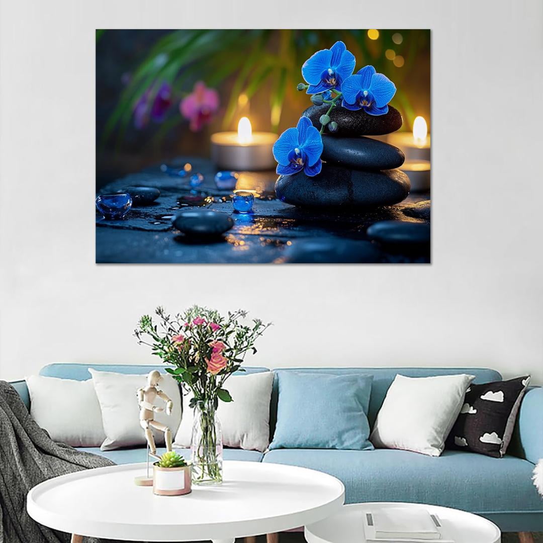 Mudket Framed Canvas Wall Art, White Orchid Candles Zen Stones Wall Decor, Elegant Calming Spa Floral Waterproof Art Prints for Bathroom Bedroom Living Room Home Decor - 18"L x 12"W