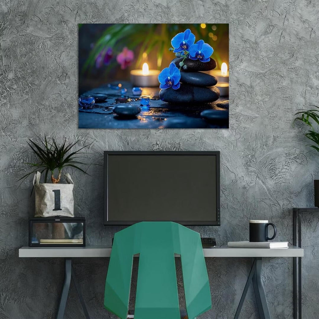 Mudket Framed Canvas Wall Art, White Orchid Candles Zen Stones Wall Decor, Elegant Calming Spa Floral Waterproof Art Prints for Bathroom Bedroom Living Room Home Decor - 18"L x 12"W