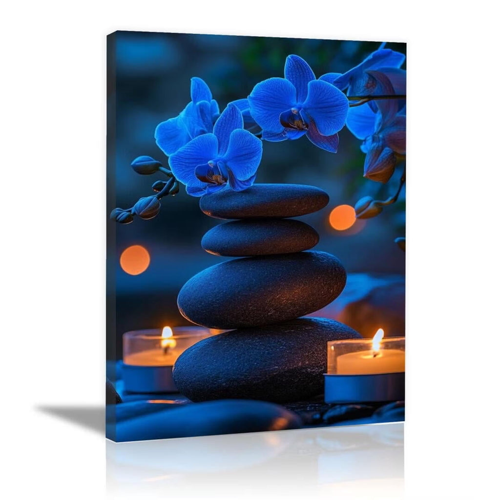 Mudket Framed Canvas Wall Art, White Orchid Candles Zen Stones Wall Decor, Elegant Calming Spa Floral Waterproof Art Prints for Bathroom Bedroom Living Room Home Decor - 18"L x 12"W