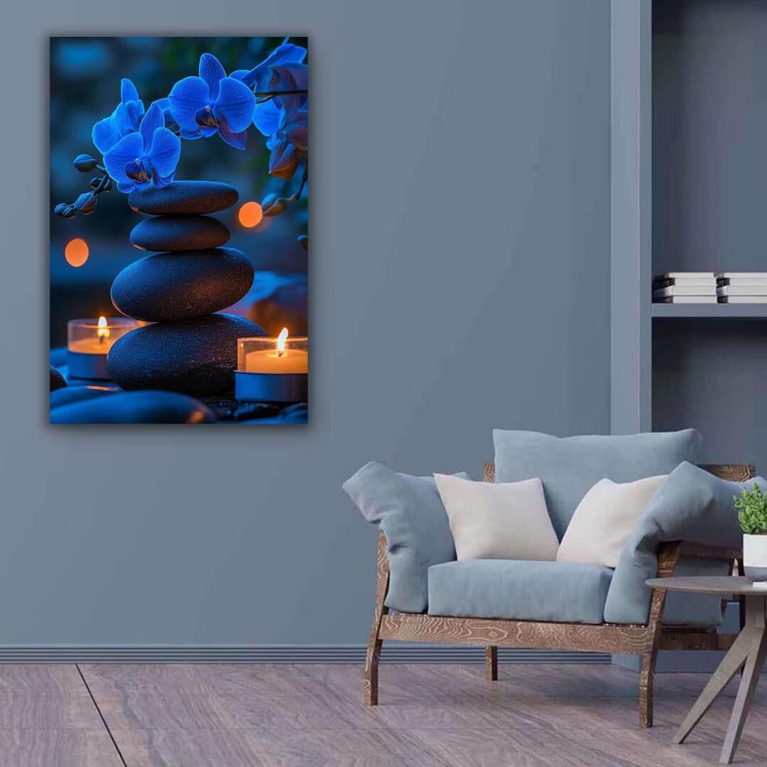 Mudket Framed Canvas Wall Art, White Orchid Candles Zen Stones Wall Decor, Elegant Calming Spa Floral Waterproof Art Prints for Bathroom Bedroom Living Room Home Decor - 18"L x 12"W