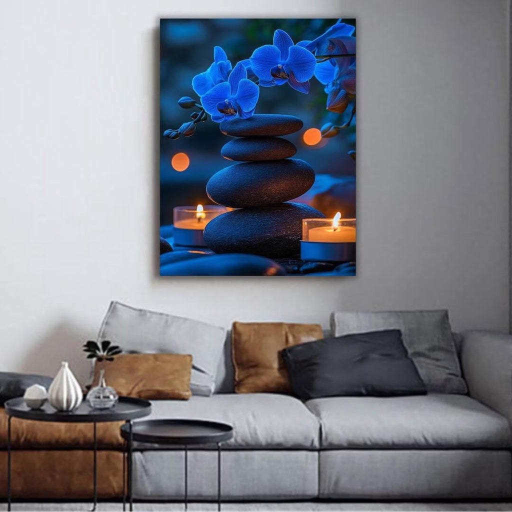 Mudket Framed Canvas Wall Art, White Orchid Candles Zen Stones Wall Decor, Elegant Calming Spa Floral Waterproof Art Prints for Bathroom Bedroom Living Room Home Decor - 18"L x 12"W