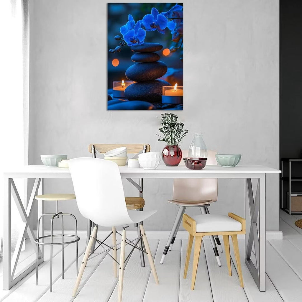 Mudket Framed Canvas Wall Art, White Orchid Candles Zen Stones Wall Decor, Elegant Calming Spa Floral Waterproof Art Prints for Bathroom Bedroom Living Room Home Decor - 18"L x 12"W
