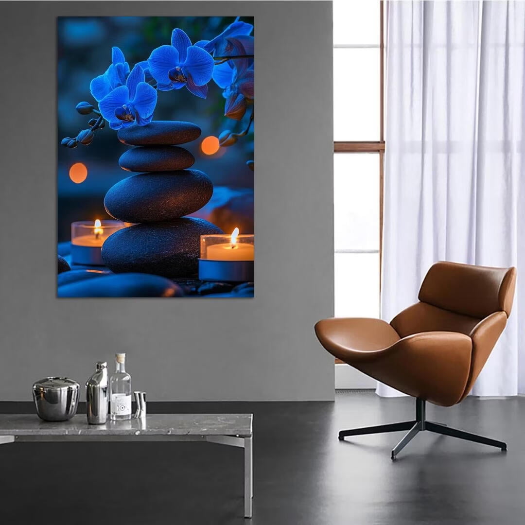 Mudket Framed Canvas Wall Art, White Orchid Candles Zen Stones Wall Decor, Elegant Calming Spa Floral Waterproof Art Prints for Bathroom Bedroom Living Room Home Decor - 18"L x 12"W