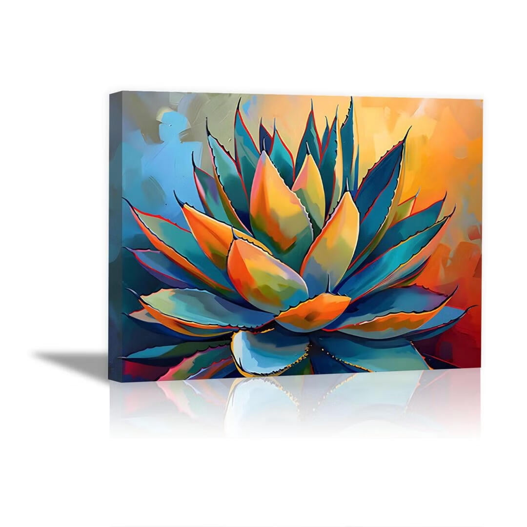 Mudket Framed Canvas Wall Art, Colorful Agave Plant Oil Painting Style Wall Decor, Southwestern Boho Modern Abstract Waterproof Art Prints for Living Room Office Bedroom Home Decor - 18"L x 12"W