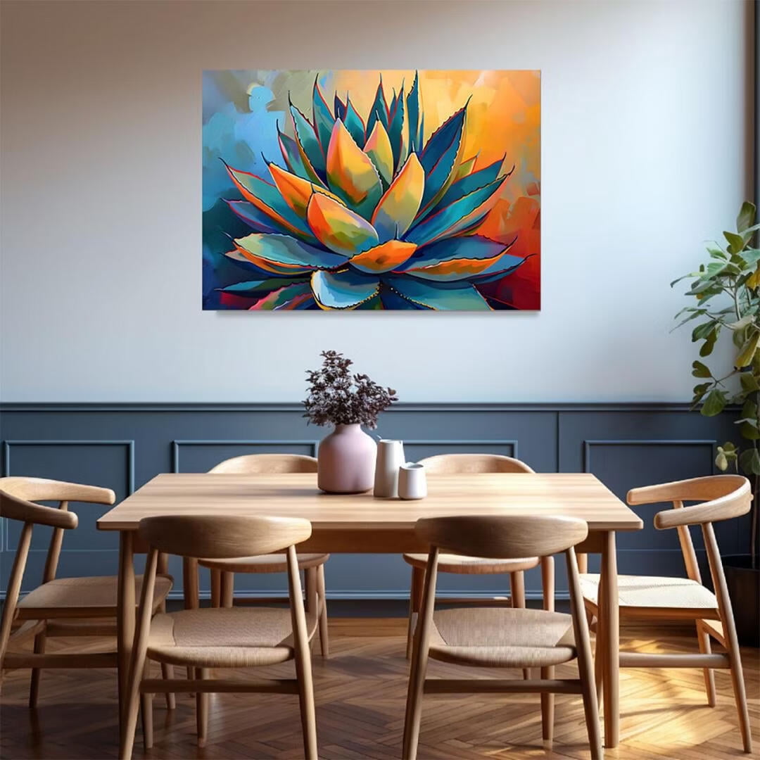 Mudket Framed Canvas Wall Art, Colorful Agave Plant Oil Painting Style Wall Decor, Southwestern Boho Modern Abstract Waterproof Art Prints for Living Room Office Bedroom Home Decor - 18"L x 12"W