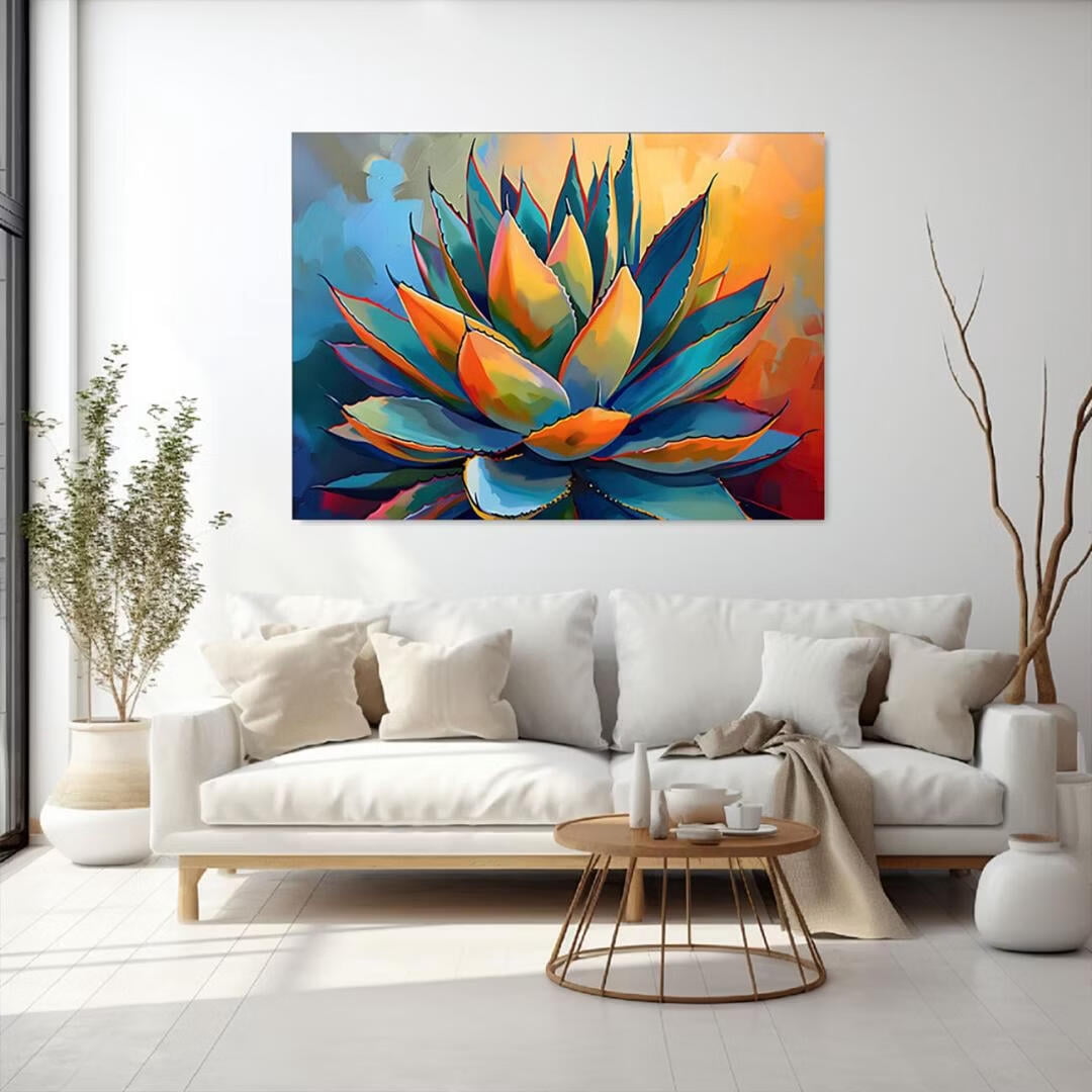 Mudket Framed Canvas Wall Art, Colorful Agave Plant Oil Painting Style Wall Decor, Southwestern Boho Modern Abstract Waterproof Art Prints for Living Room Office Bedroom Home Decor - 18"L x 12"W