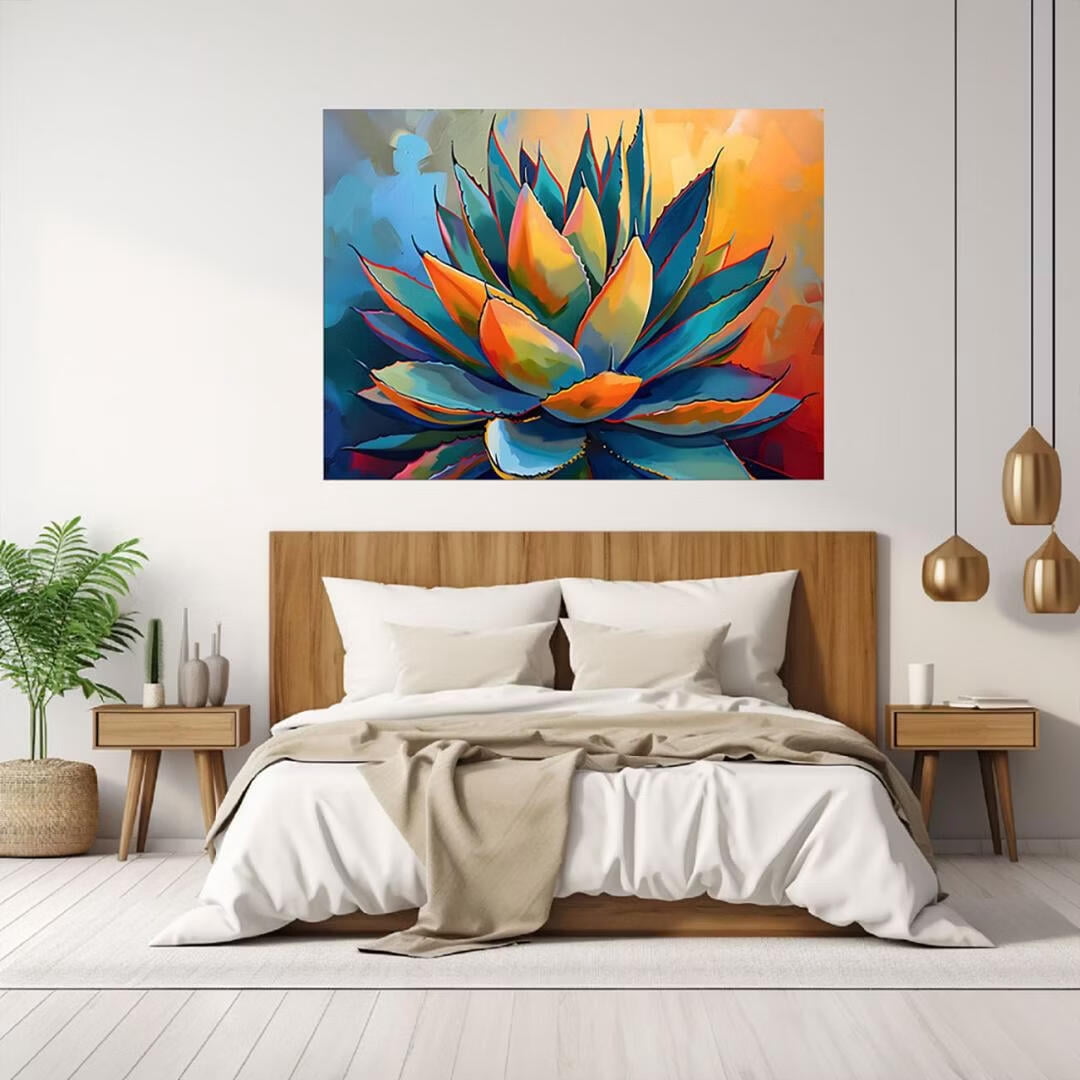 Mudket Framed Canvas Wall Art, Colorful Agave Plant Oil Painting Style Wall Decor, Southwestern Boho Modern Abstract Waterproof Art Prints for Living Room Office Bedroom Home Decor - 18"L x 12"W