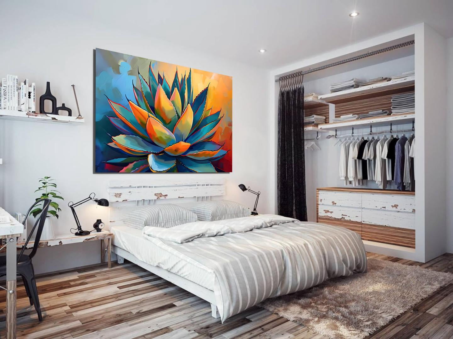 Mudket Framed Canvas Wall Art, Colorful Agave Plant Oil Painting Style Wall Decor, Southwestern Boho Modern Abstract Waterproof Art Prints for Living Room Office Bedroom Home Decor - 18"L x 12"W
