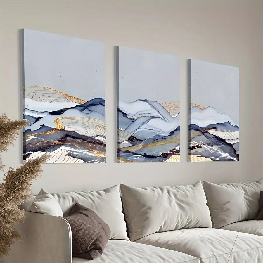 3pcs Modern Abstract Blue Gray Golden Beige White Golden Tone Canvas Wall Art Set - Large Horizontal Panels, Frameless Wrapped Canvas Paintings for Living Room, Bedroom, Hallway - Minimalist Neutral