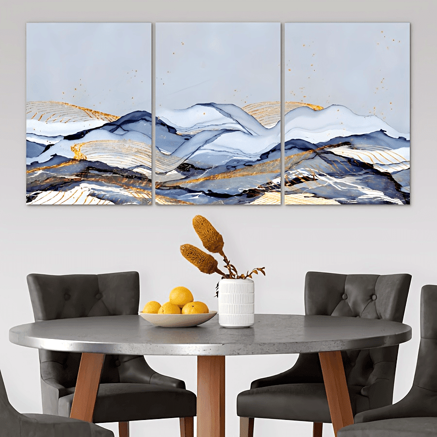 3pcs Modern Abstract Blue Gray Golden Beige White Golden Tone Canvas Wall Art Set - Large Horizontal Panels, Frameless Wrapped Canvas Paintings for Living Room, Bedroom, Hallway - Minimalist Neutral