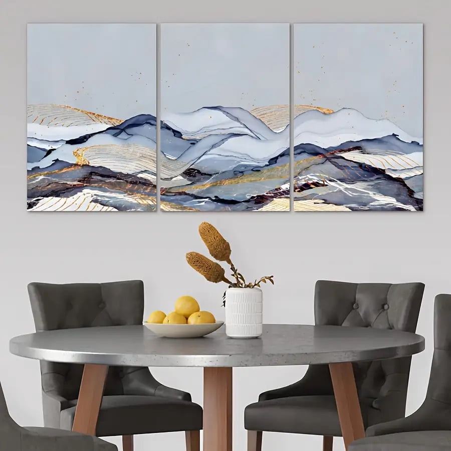 3pcs Modern Abstract Blue Gray Golden Beige White Golden Tone Canvas Wall Art Set - Large Horizontal Panels, Frameless Wrapped Canvas Paintings for Living Room, Bedroom, Hallway - Minimalist Neutral