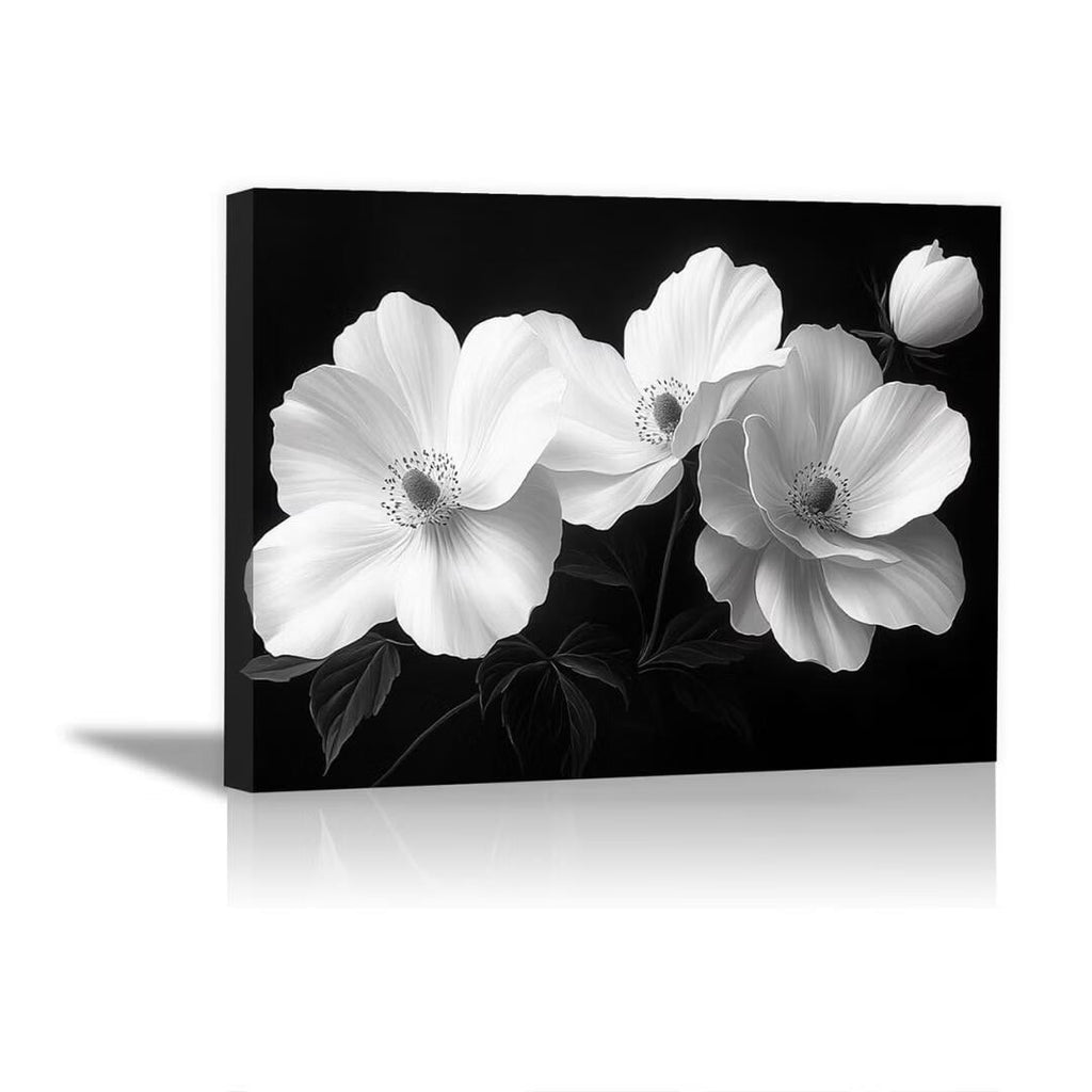 Mudket Framed Canvas Wall Art, Black and White Poppy Flowers Wall Decor, Minimalist Modern Floral Waterproof Art Prints for Living Room Bedroom Bathroom Home Decor - 18"L x 12"W