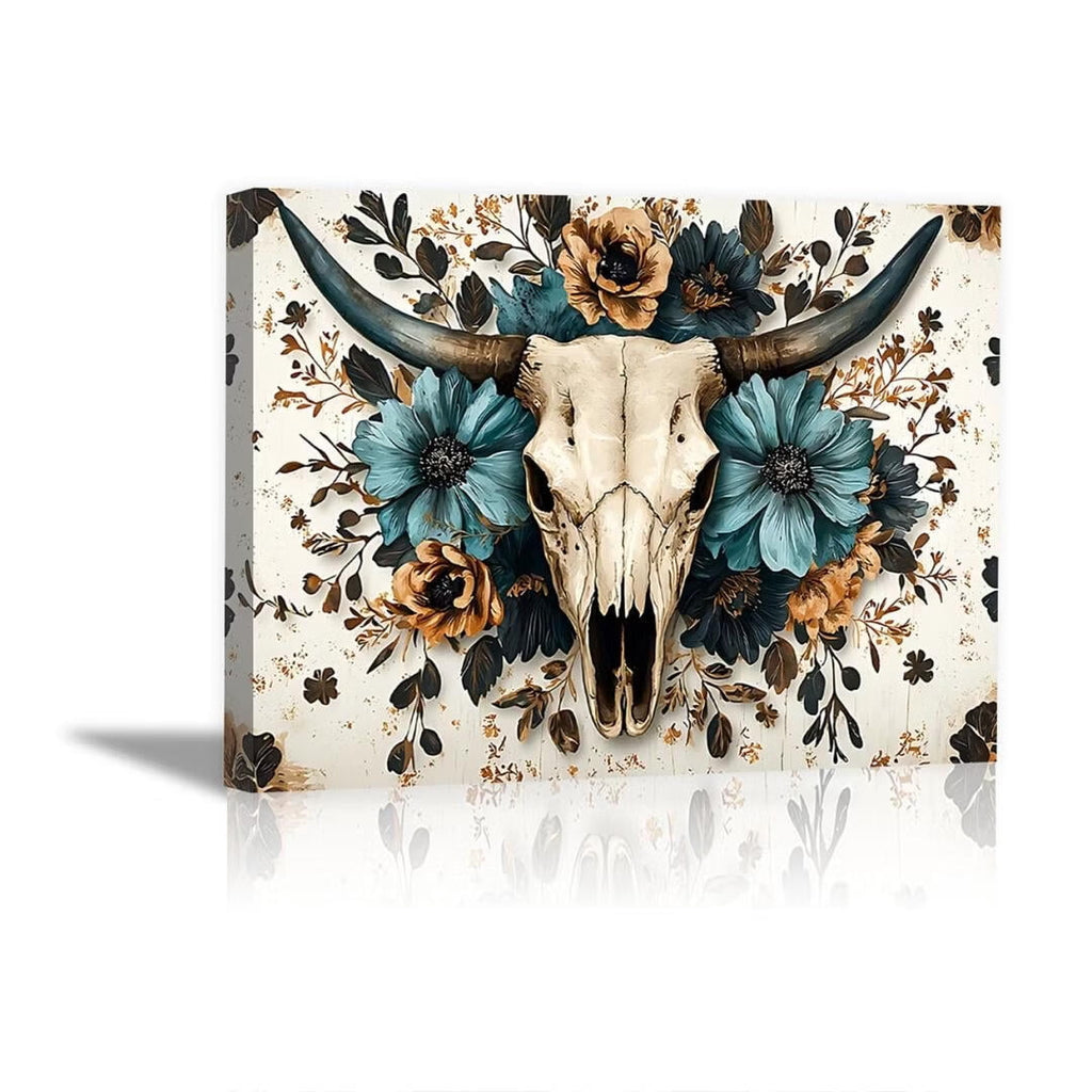 Mudket Framed Canvas Wall Art, Bull Skull with Teal Brown Floral Wall Decor, Western Boho Rustic Southwestern Waterproof Art Prints for Living Room Bedroom Office Home Decor - 18"L x 12"W