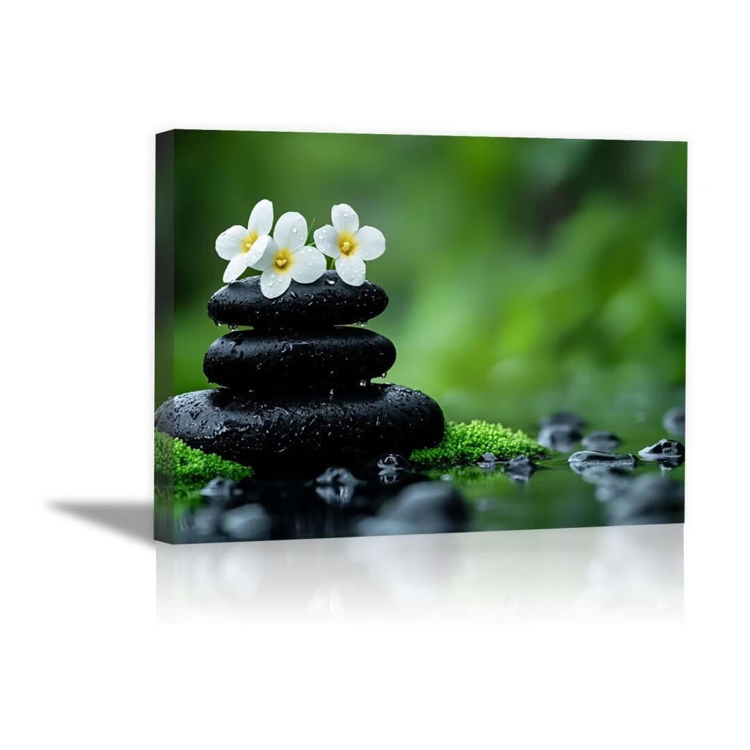 Mudket Framed Canvas Wall Art, White Orchid Candles Zen Stones Wall Decor, Elegant Calming Spa Floral Waterproof Art Prints for Bathroom Bedroom Living Room Home Decor - 18"L x 12"W