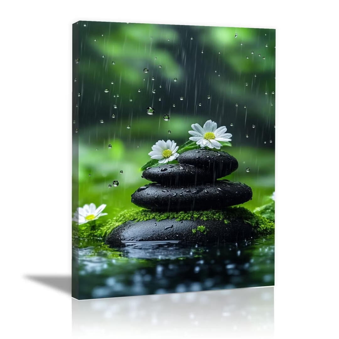 Mudket Framed Canvas Wall Art, White Orchid Candles Zen Stones Wall Decor, Elegant Calming Spa Floral Waterproof Art Prints for Bathroom Bedroom Living Room Home Decor - 18"L x 12"W
