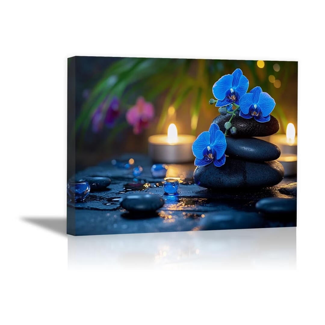 Mudket Framed Canvas Wall Art, White Orchid Candles Zen Stones Wall Decor, Elegant Calming Spa Floral Waterproof Art Prints for Bathroom Bedroom Living Room Home Decor - 18"L x 12"W