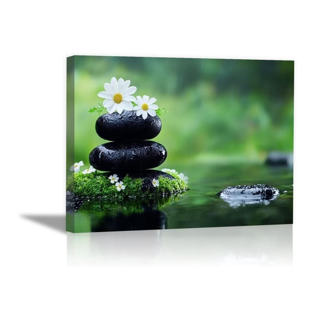 Mudket Framed Canvas Wall Art, White Orchid Candles Zen Stones Wall Decor, Elegant Calming Spa Floral Waterproof Art Prints for Bathroom Bedroom Living Room Home Decor - 18"L x 12"W