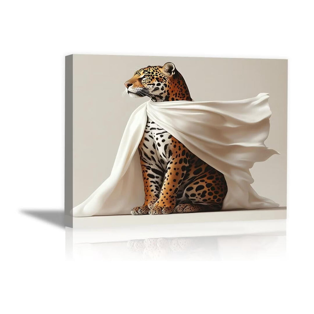 Mudket Leopard with White Flowing Cloak Canvas Wall Art, Modern Minimalist Luxury Art Work Print for Living Room Office Entryway Home Decor , Framed Ready to Hang - 18"L x 12"W